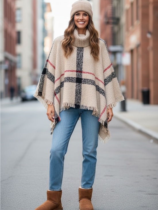 Sweaters - Cozy Plaid Turtleneck Poncho Sweater